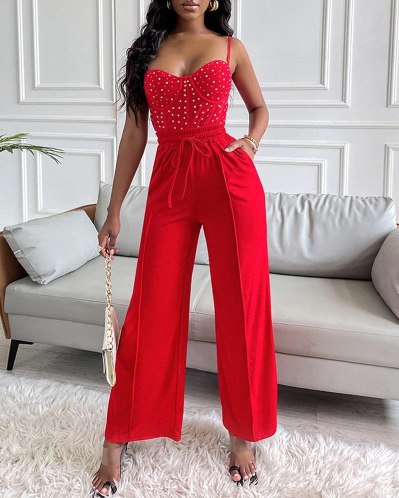 

Rhinestone Zipper Back Cami Top & Wide Legs Drawstring Pants Set, Red