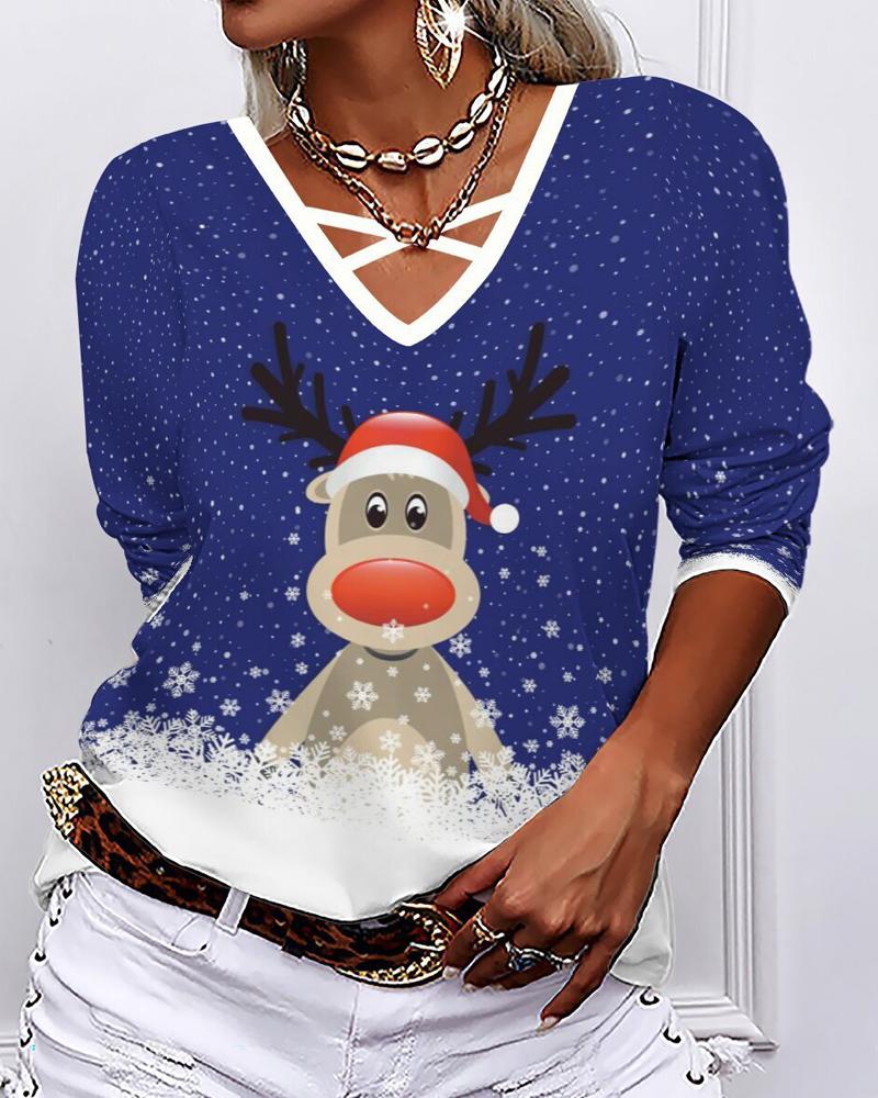 

Christmas Snowflake Elk Print Long Sleeve Top, Blue