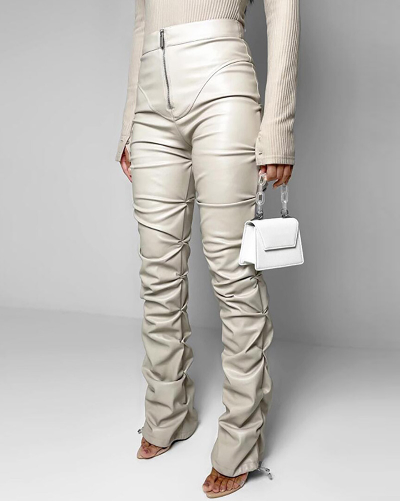 

PU Leather High Waist Zipper Decor Ruched Pants, White