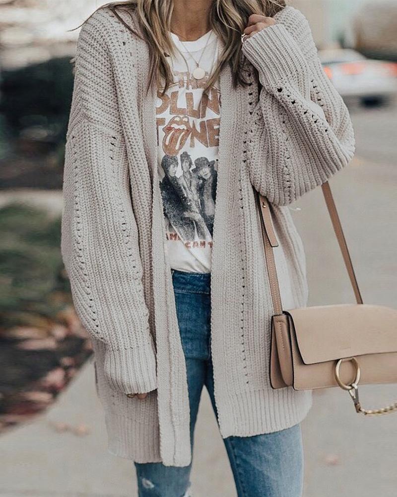 

Long Sleeve Open Front Split Hem Cardigan, Beige