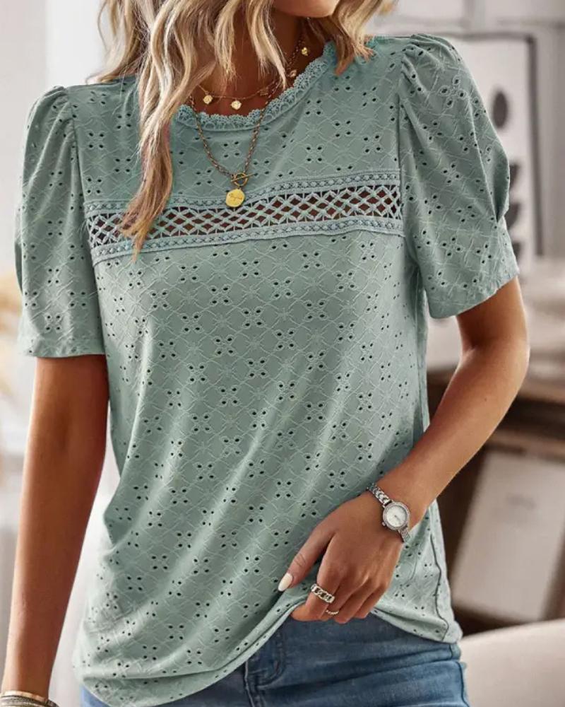 

Eyelet Embroidery Puff Sleeve Top, Green