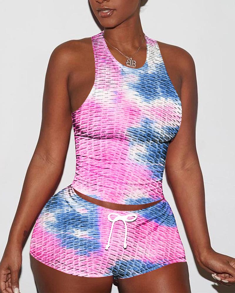 

Tie Dye Print Textured Drawstring Active Set, Pink