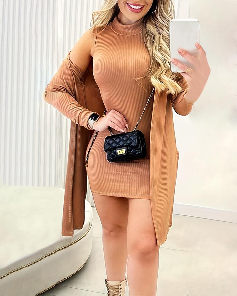 

High Neck Sleeveless Bodycon Dress & Slit Coat Set, Khaki