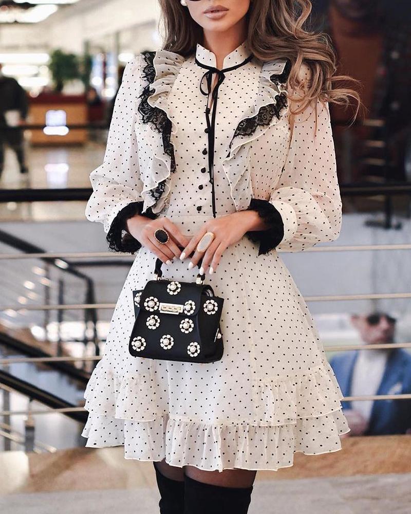 

Polka Dot Print Eyelash Lace Ruffles Buttoned Dress Long Sleeve Print Dress, Beige