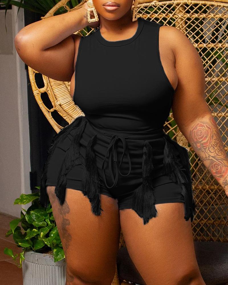 

Plus Size Crew Neck Tank Top & Tassel Design Shorts Set, Black
