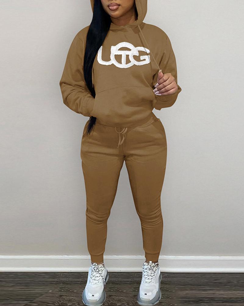 

Letter Print Hooded Sweatshirt & Drawstring Pants Set, Brown