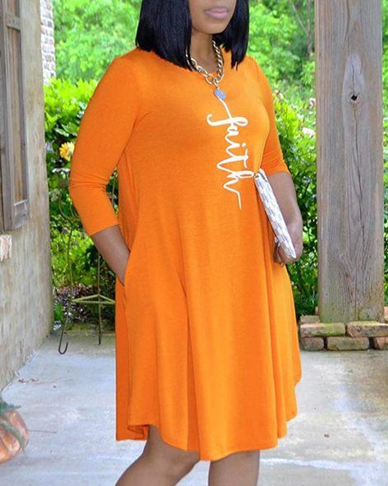 

Letter Print Pocket Decor Casual Dress, Orange