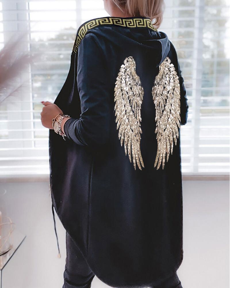 

Sequin Wings Pattern Zipper Design Hooded Coat, Black