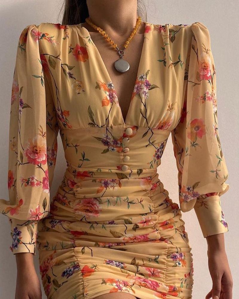 

Puff Lantern Sleeve Floral Print Ruched Bodycon Dress, Yellow