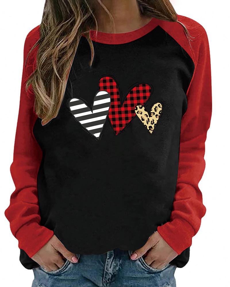 

Valentine's Day Heart Print Colorblock Long Sleeve Top, Style4