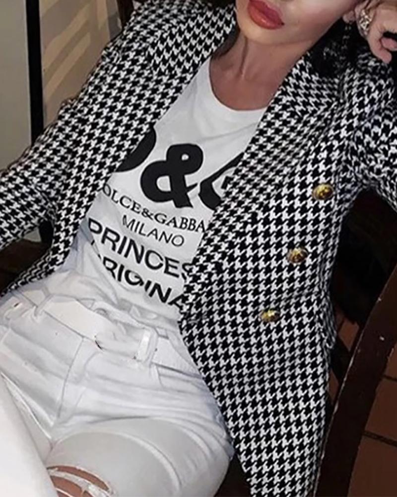 

Houndstooth Print Buttoned Blazer Coat, Style1