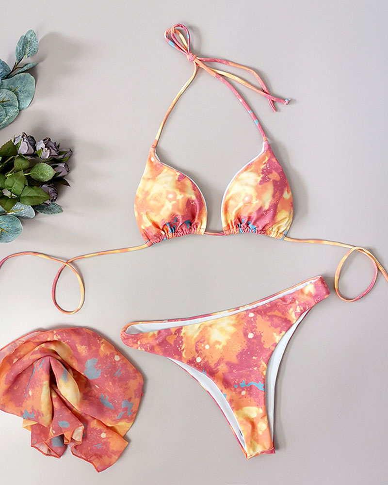 

3PCS All Over Print Bikini Set With Cover Up, Multicolor