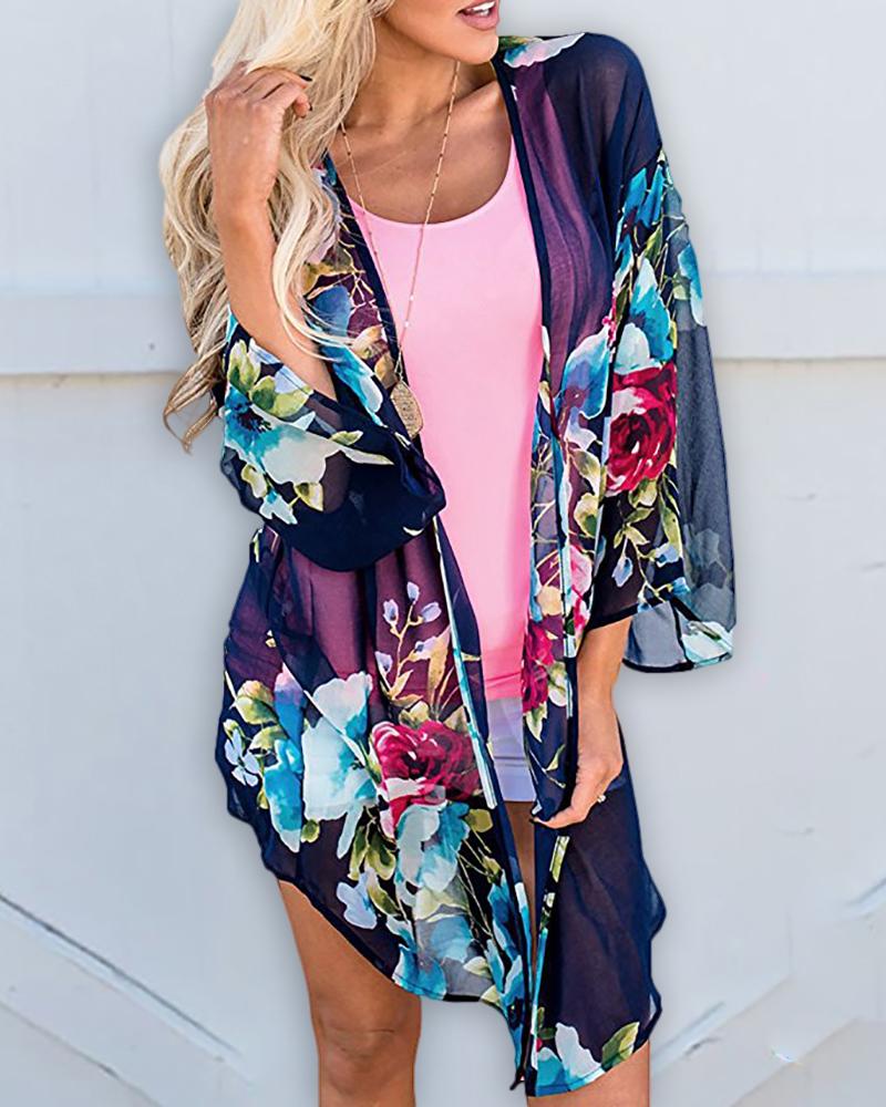 

Floral Print Long Sleeve Cover Up, Dark blue