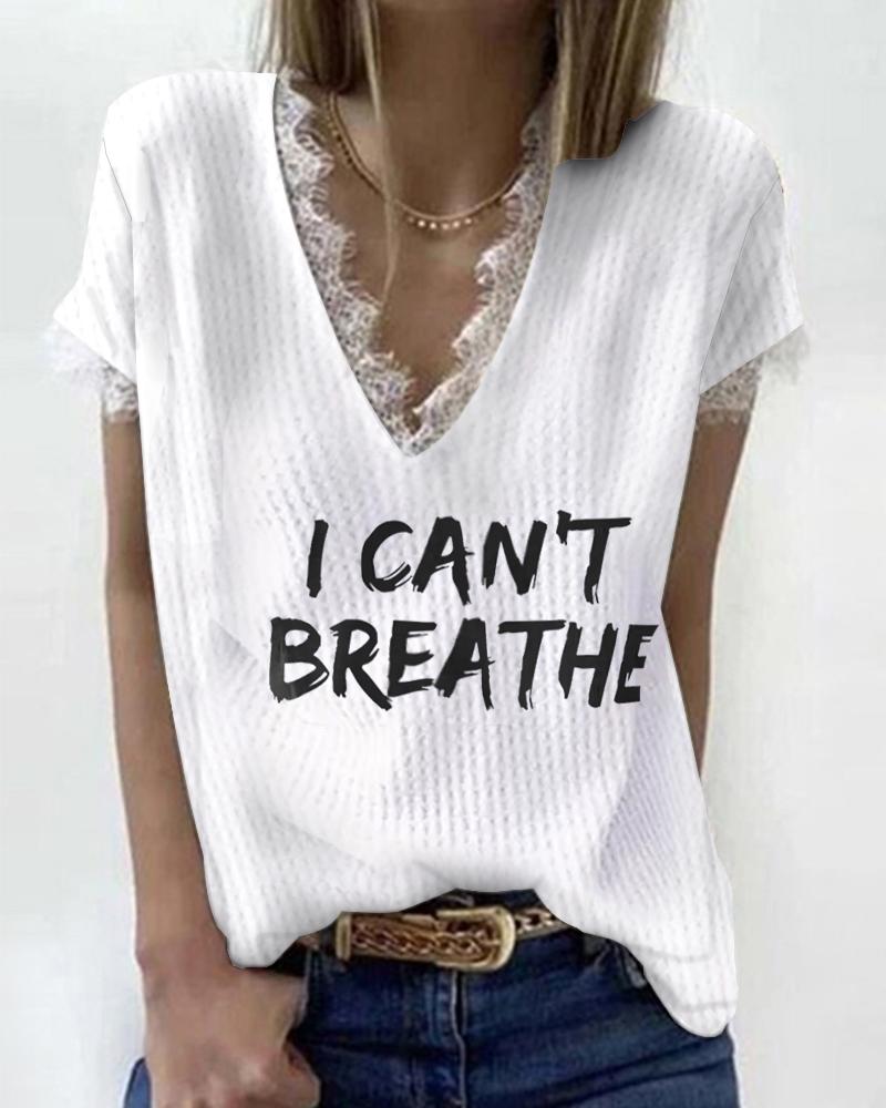 

Letter Print Waffle Check Lace Trim V-Neck T-shirt, White