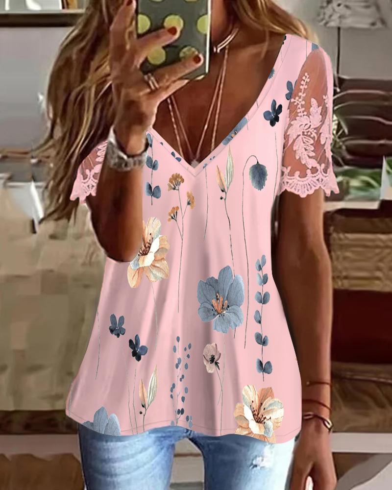 

Floral Print Lace Patch Deep V-Neck Top, Pink