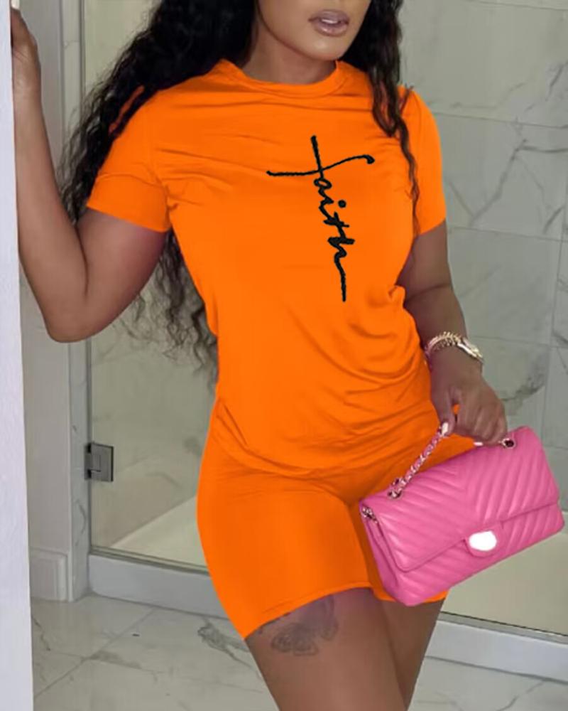 

Faith Print T-shirt & High Waist Shorts Set, Orange