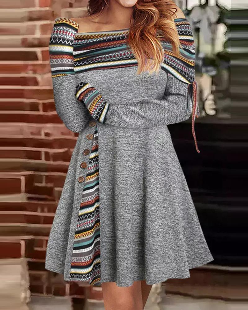 

Contrast Paneled Off Shoulder Casual Dress, Gray