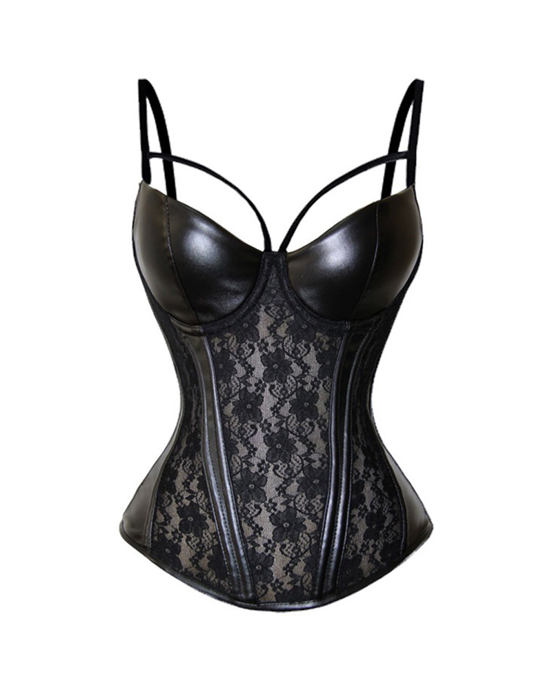 

Plus Size Cutout Lace PU Leather Corset, Black