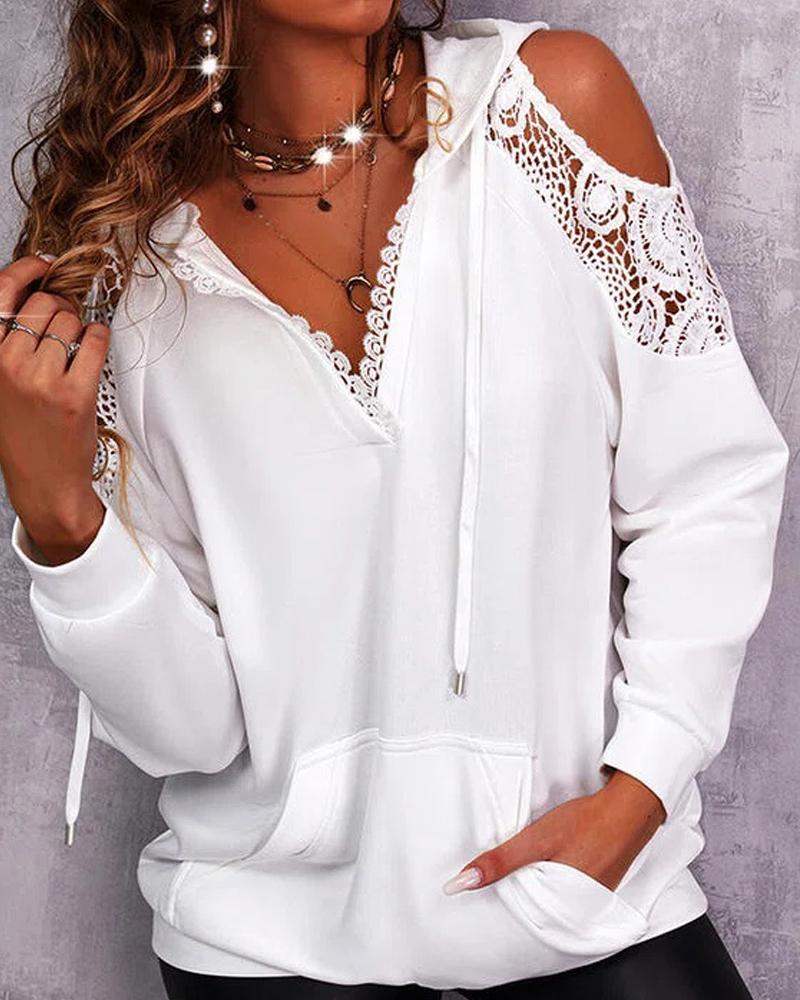

Contrast Lace Cold Shoulder Hoodie, White