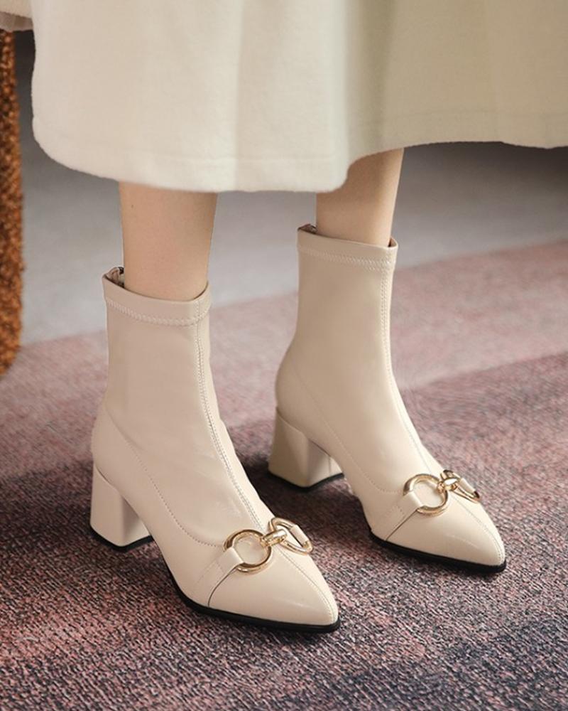 

Ladies Decorated Leather Point Toe Chunky Heels Oil Finish Ankle Booties, Beige