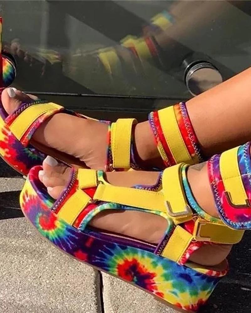 

Tie Dye Print Velcro Peep Toe Platform Sandals, Yellow