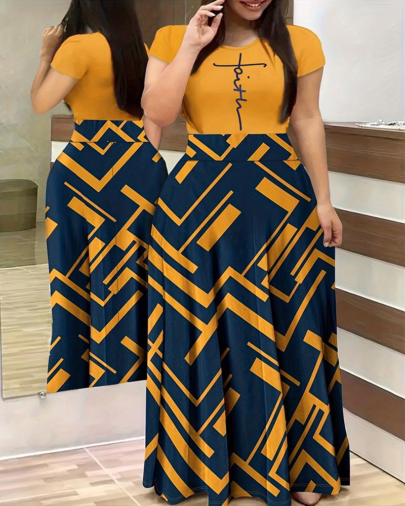 

Plus Size Faith Letter Geometric Print Maxi Dress, Yellow