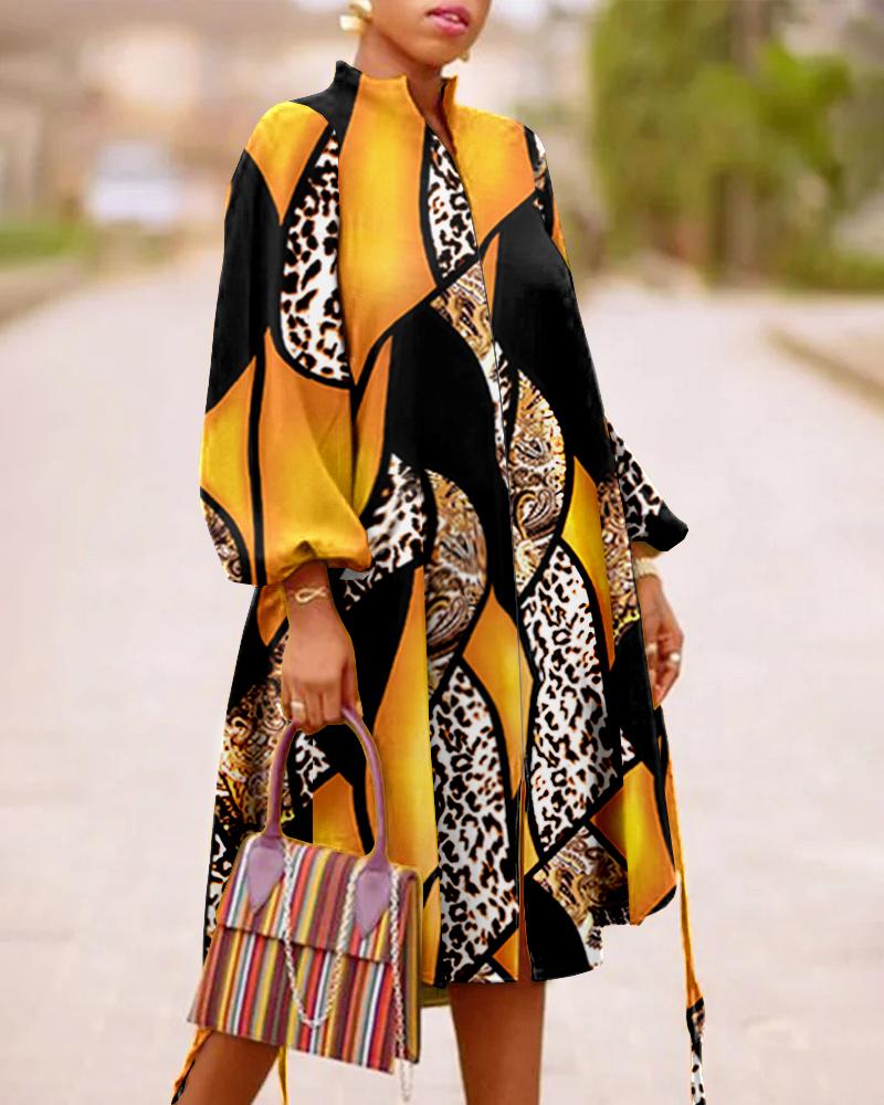 

Baroque Leopard Print Lantern Sleeve Slit Casual Dress, Yellow