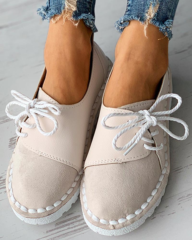 

Colorblock PU Patch Lace-up Suede Slip-On Flats, Beige