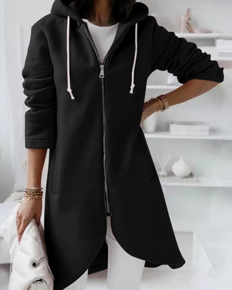 

Long Sleeve Zip Up Hooded Coat, Black