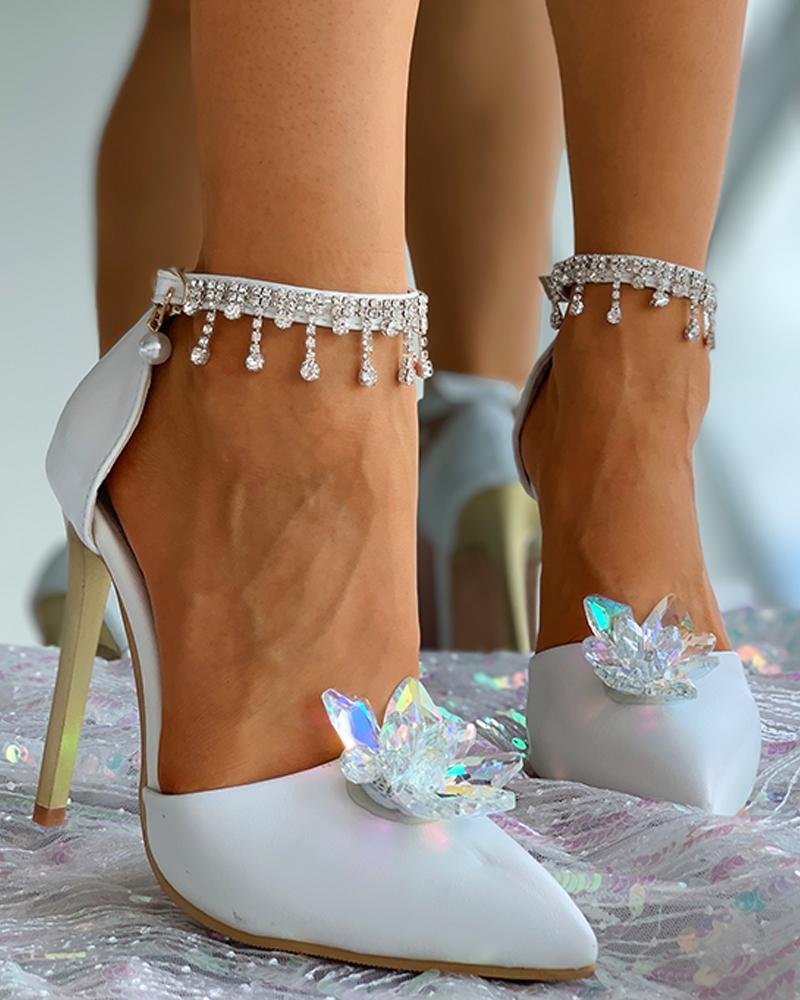 

Studded Tassel Design Floral Pattern Stiletto Heels, White