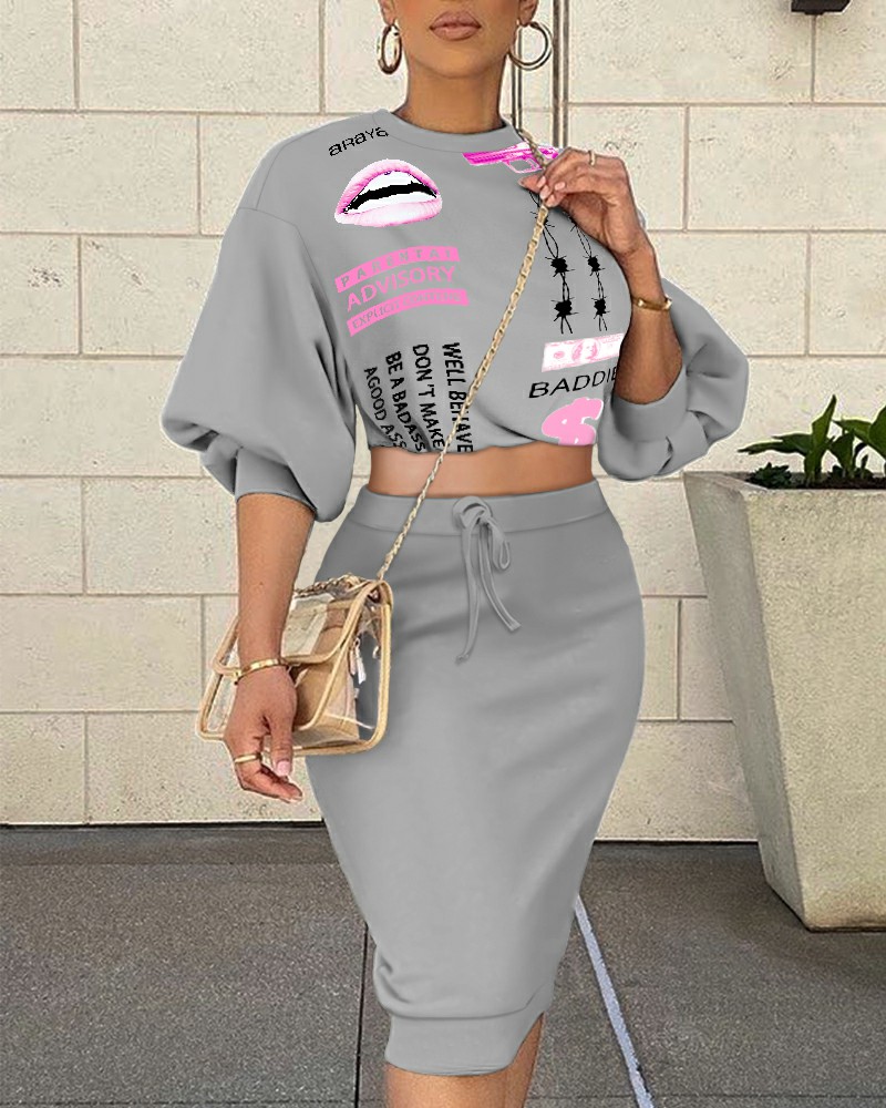 

Letter Graphic Print Lantern Sleeve Tee & Drawstring Skirt Set, Gray