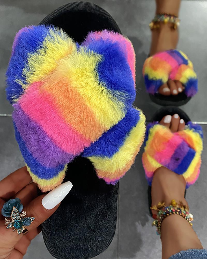 

Fuzzy Colorblock Crisscross Slippers, Purple