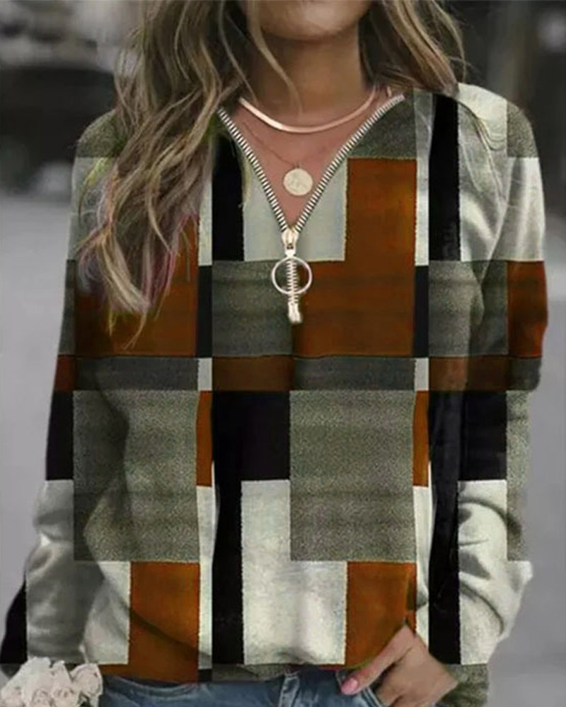 

Geometric Print Zip Front Long Sleeve Sweatshirt, Coffee