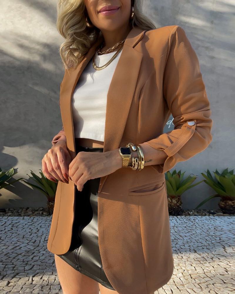 

Button Pocket Decor Long Sleeve Blazer Coat, Khaki