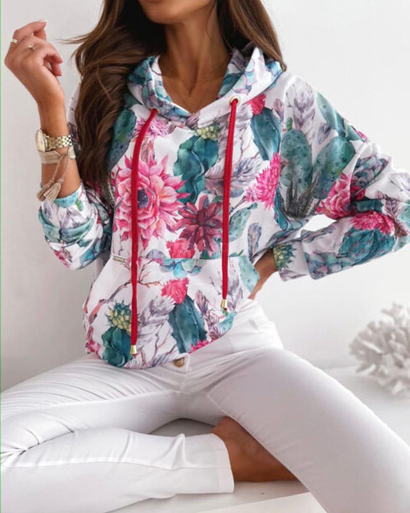 

Floral Tropical Print Long Sleeve Drawstring Hooded Sweatshirt, Light green