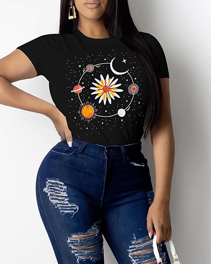 

Planet Print Short Sleeve Casual T-shirt, Black