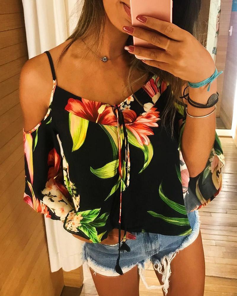 

Cold Shoulder Floral Print Blouse, Black