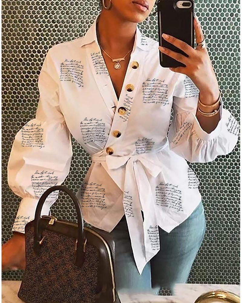

Lantern Sleeve Buttoned Surplice Wrap Printed Blouse, White