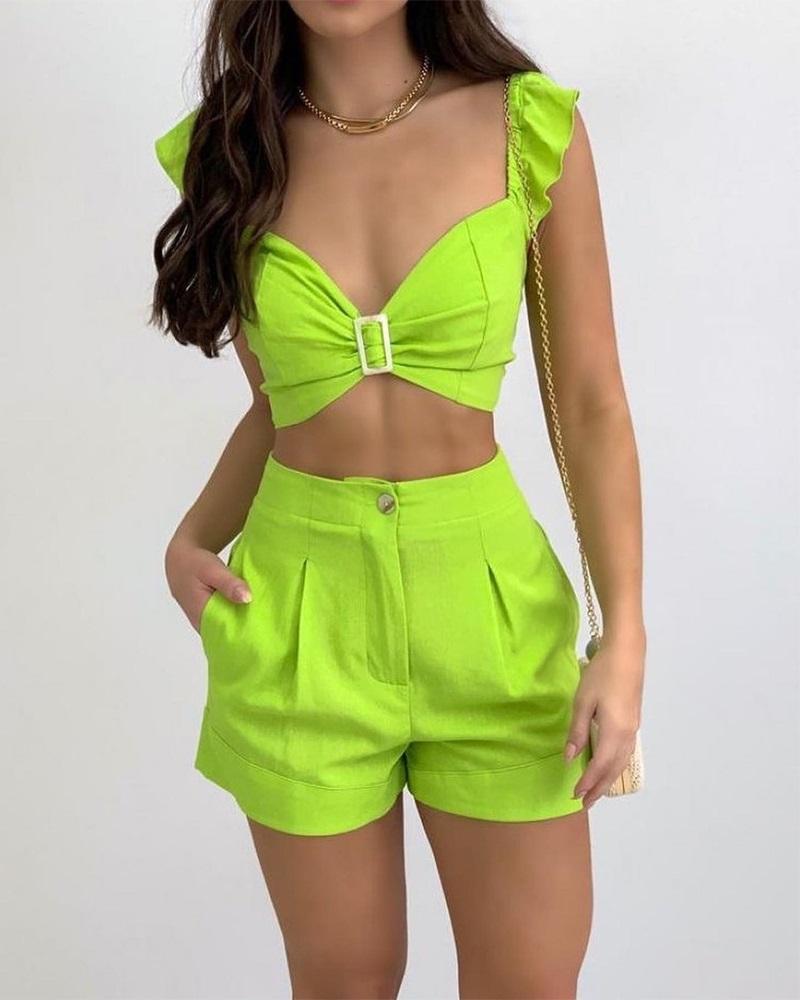 

Ruffle Hem Crop Top & High Waist Shorts Set, Neon