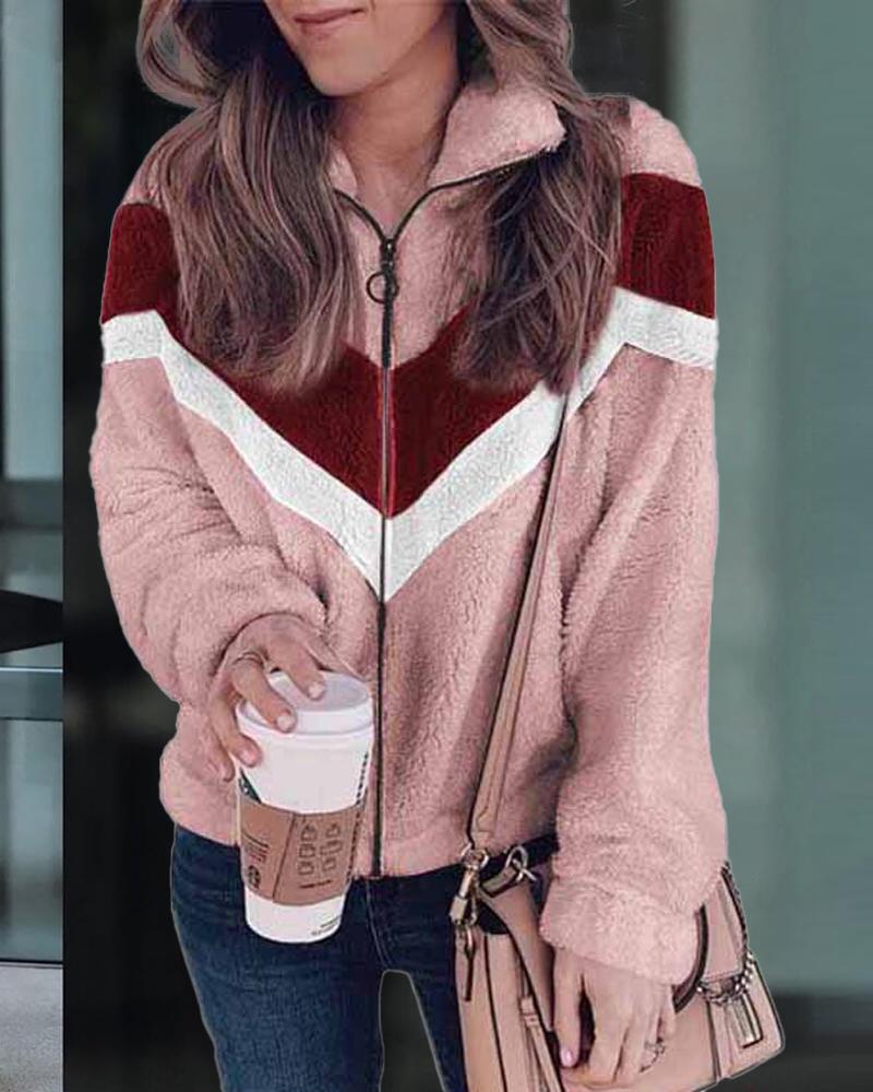 

Chevron Pattern Zip Up Teddy Coat, Pink