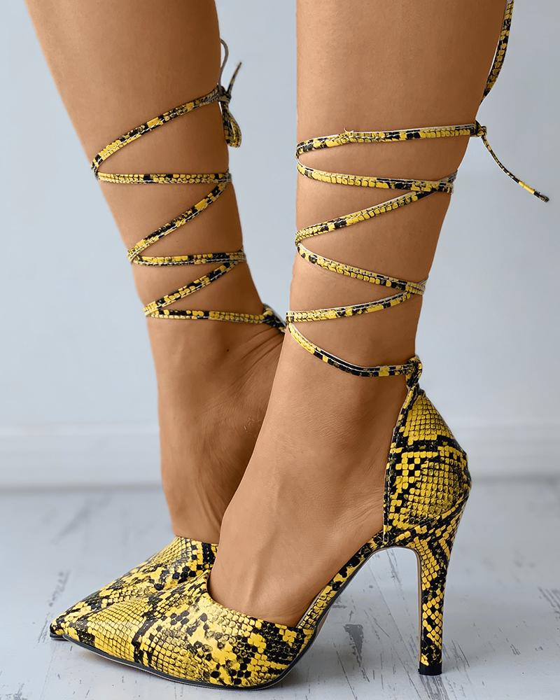 

Pointed Toe Snakeskin Print Strappy Stiletto Heels, Yellow