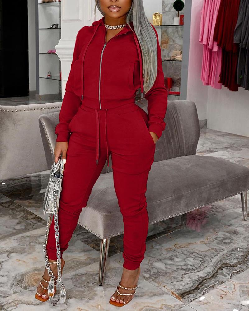 

Zip Up Drawstring Hooded Top & Pocket Pants Set, Red