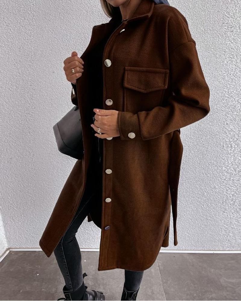 

Long Sleeve Button Down Belted Coat, Brown