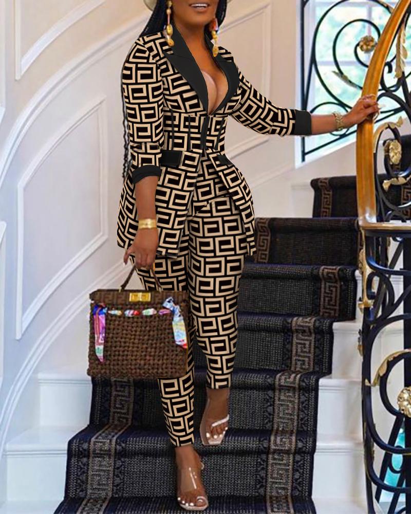 

Geo Print Corset Blazer Coat & Pants Set, Brown