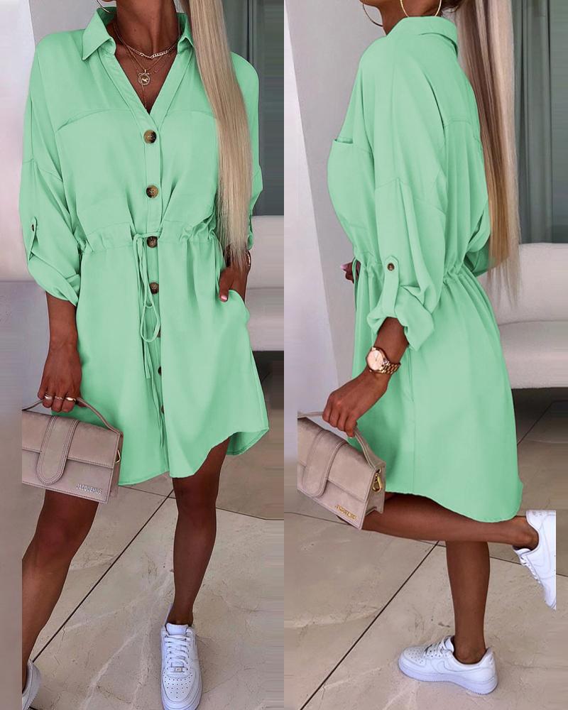 

Roll Up Sleeve Buttoned Shirt Dress, Green