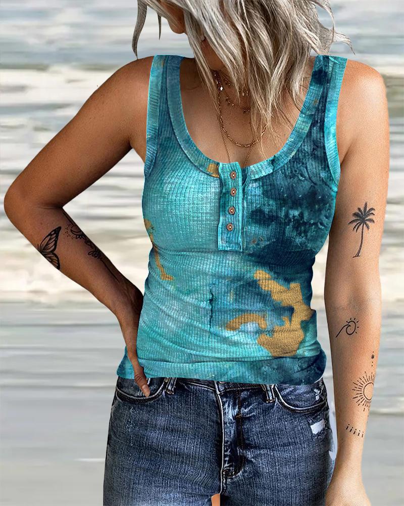 

Tie Dye Print Button Front Tank Top, Blue
