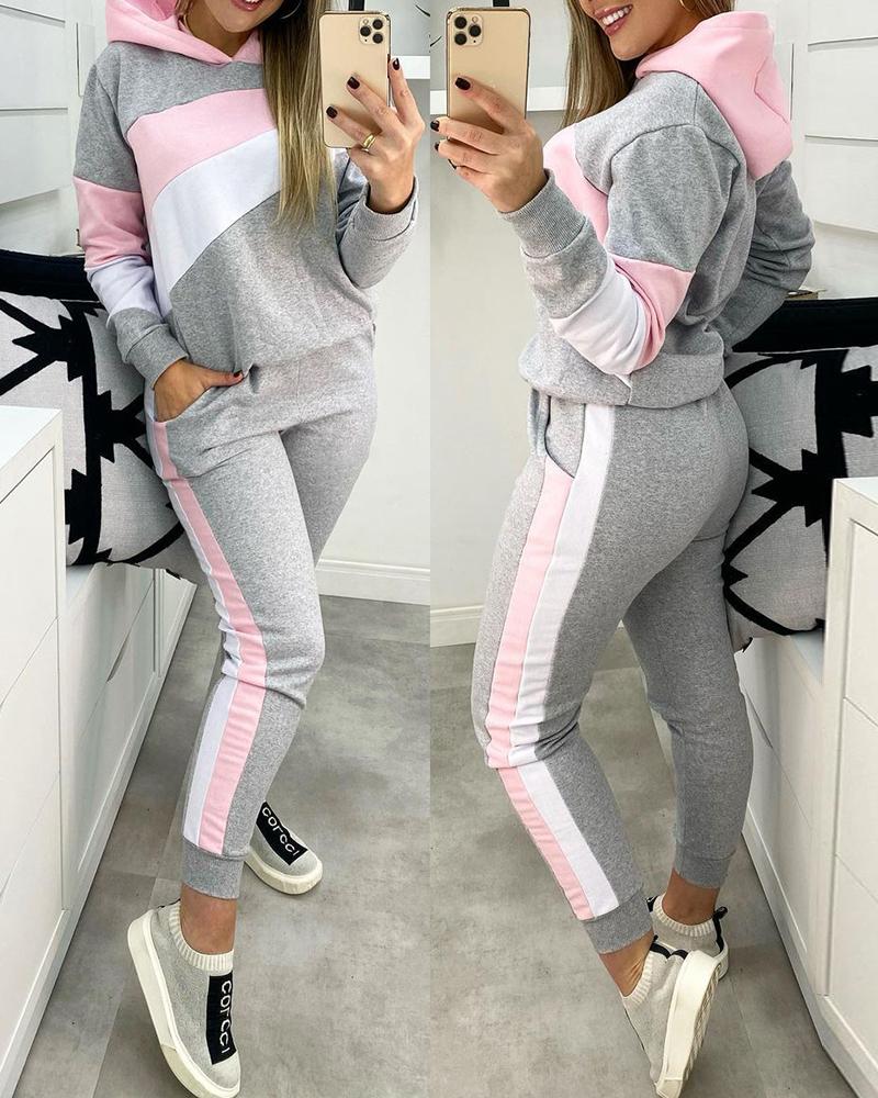 

Colorblock Hooded Top & Pocket Design Pants Set, Gray