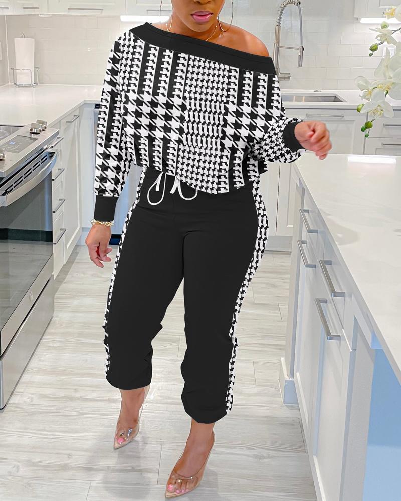 

Houndstooth Print Skew Neck Top & Drawstring Cuffed Pants Set, Black