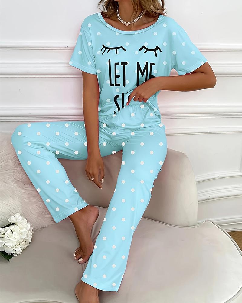 

Let Me Sleep Figure Polka Dot Print Round Neck Pajamas Set, Green