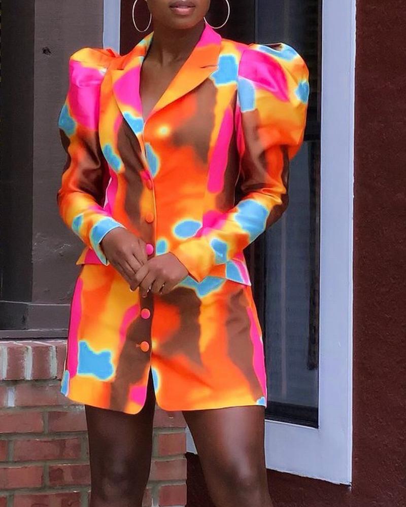 

Tie Dye Puff Sleeve Button Front Blazer Dress, Multicolor